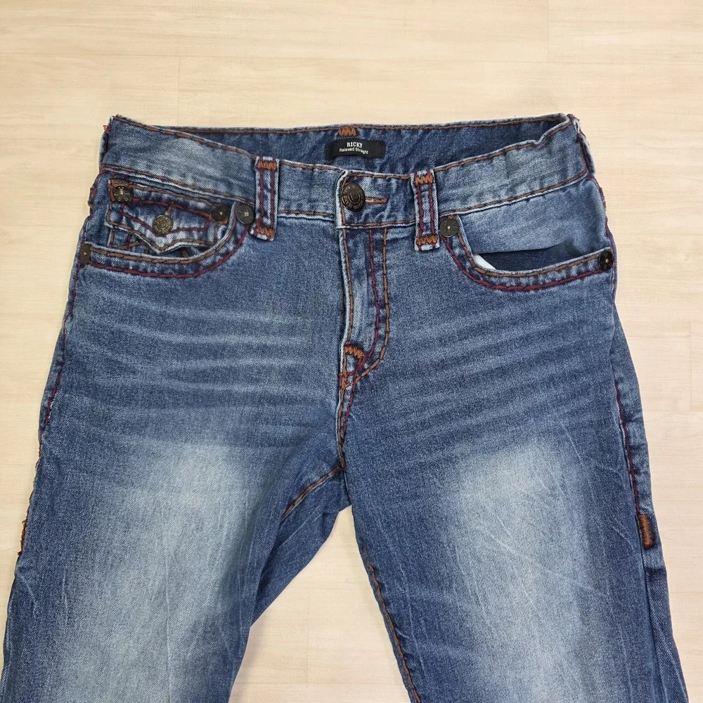 True Religion Ricky Super T Flap Jeans Size 31 Thick Red Contrast‎ Stitch USA